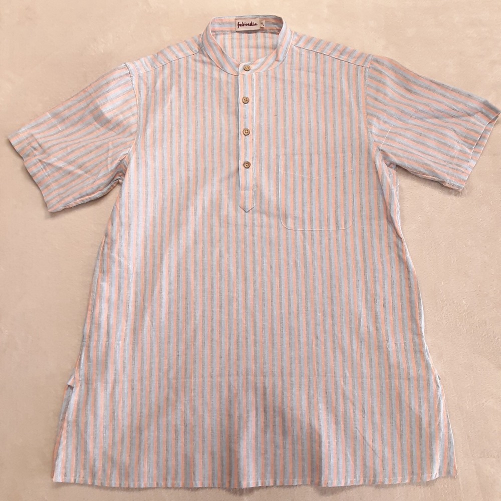 Fabindia Mens Multicolor Cotton Striped Regular Fit Short Kurta XS Blue Orange